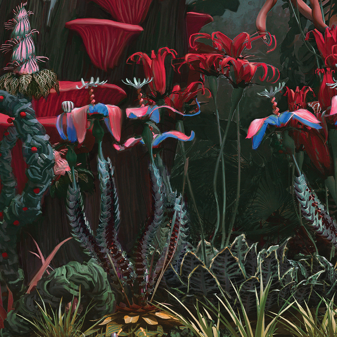 poster art mixed media psychedelic art surreal animal lizard mushroom environment