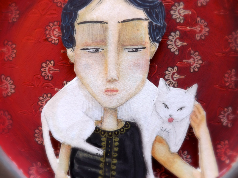 portrait  tableware  tin plate  red  WOMAN  woman portrait  retro  customised  cat  white  pattern  avant-garde decoration