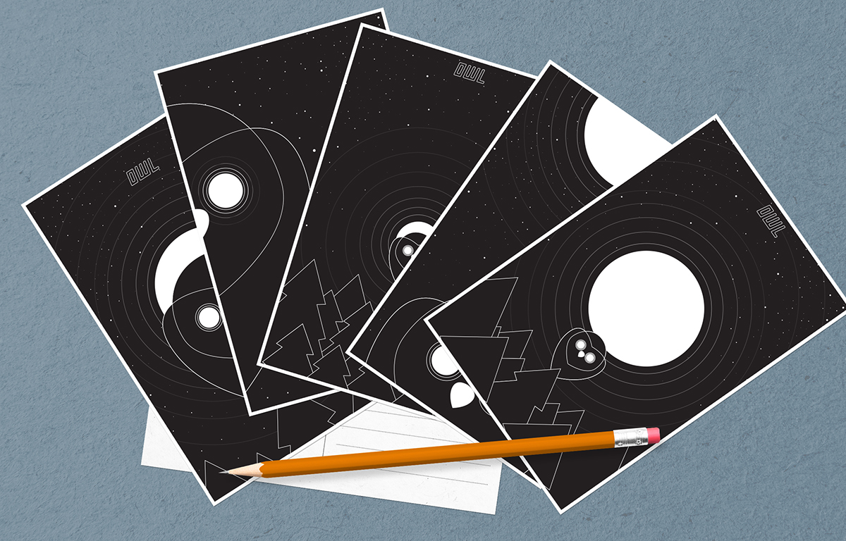postcard set owl moon forest trees stars adobe Illustrator vector lines black White blackandwhite night