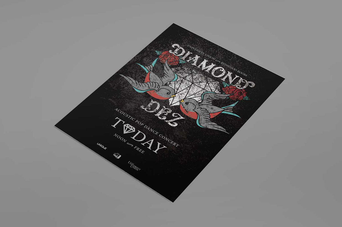 Diamond Dez diamond  tattoo poster rock band gig poster sac state university union hand drawn typography