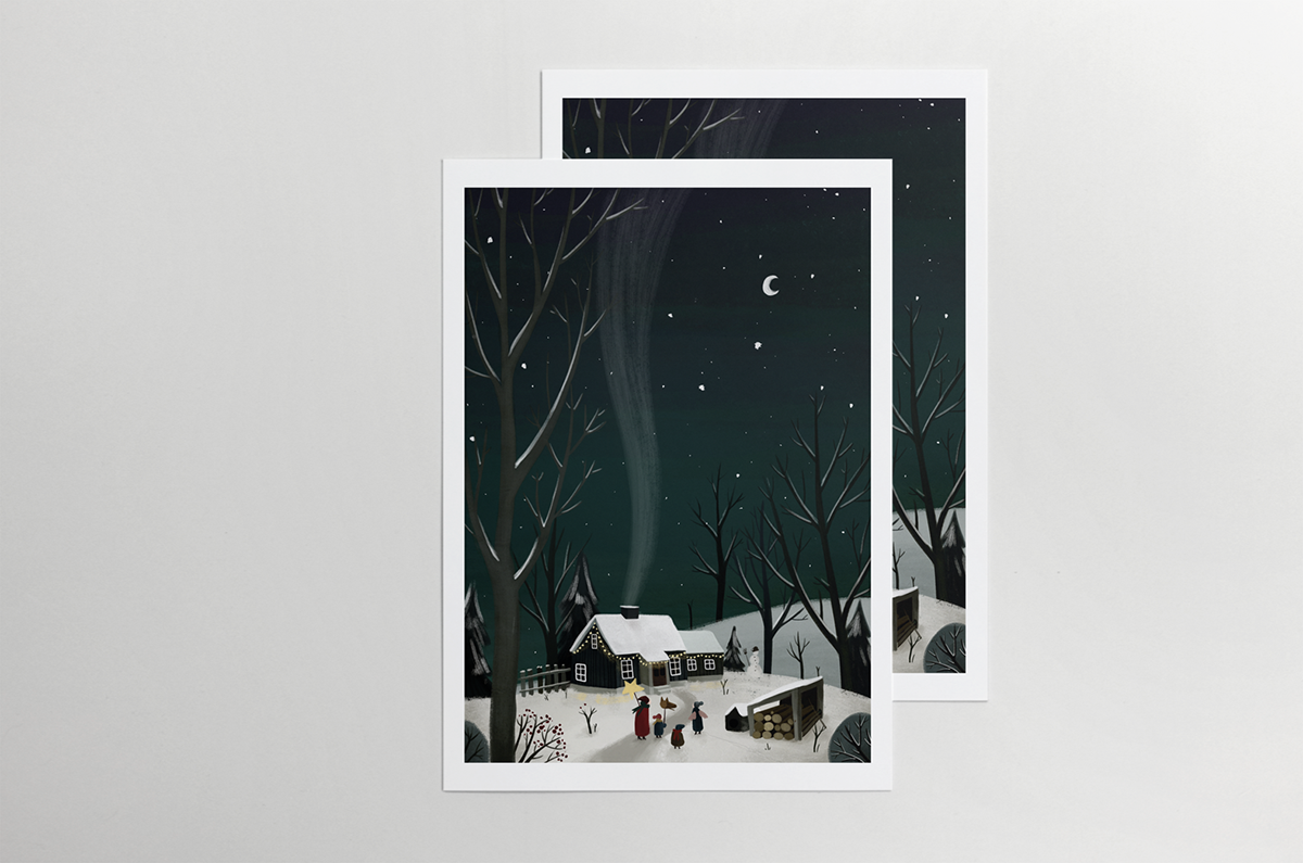 Christmas postcards illustrations night snow winter forest
