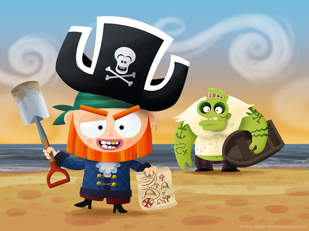 children's illustration pirate pirates cartoon breakfast parrot zombie chef captain sea beach water tentacle