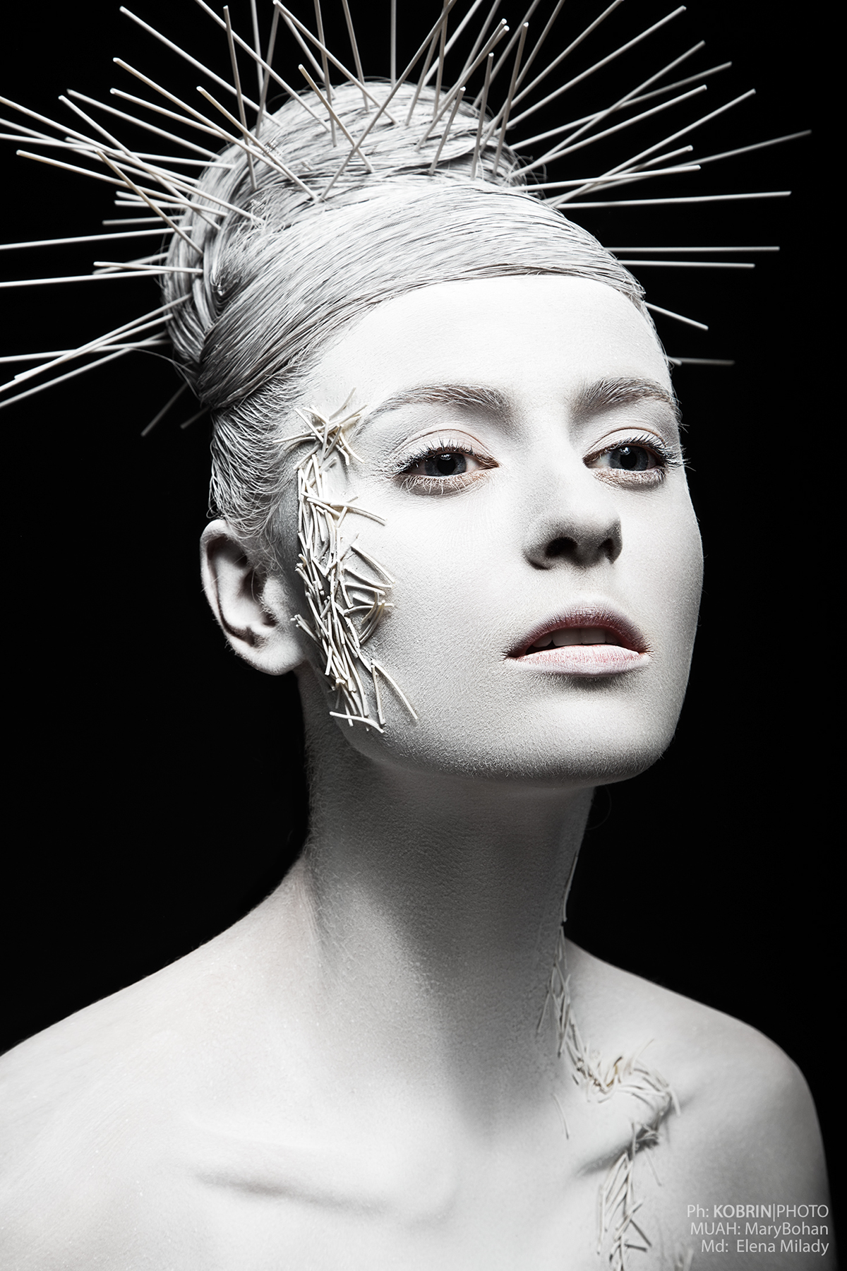 art Unusual model studio glamor creative girl face body woman makeup beauty albino bodyart haircut