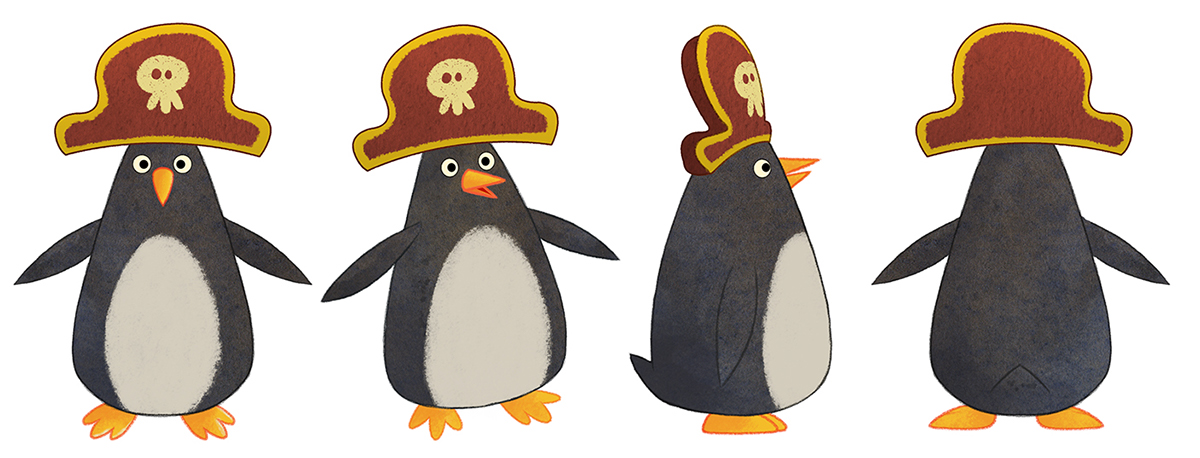 piratas penguins grafico navio mar animação character designer