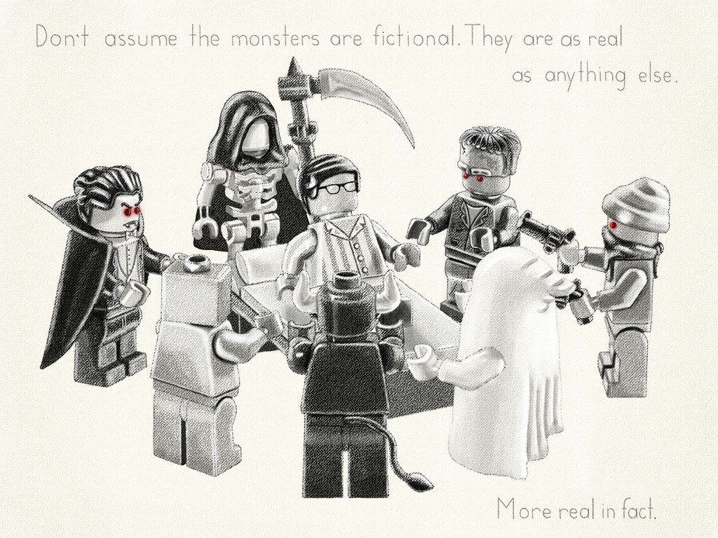 illustrated science fiction alien consciousness LEGO Minifigure warrior monster death truth b&w Sci Fi culture fate brick
