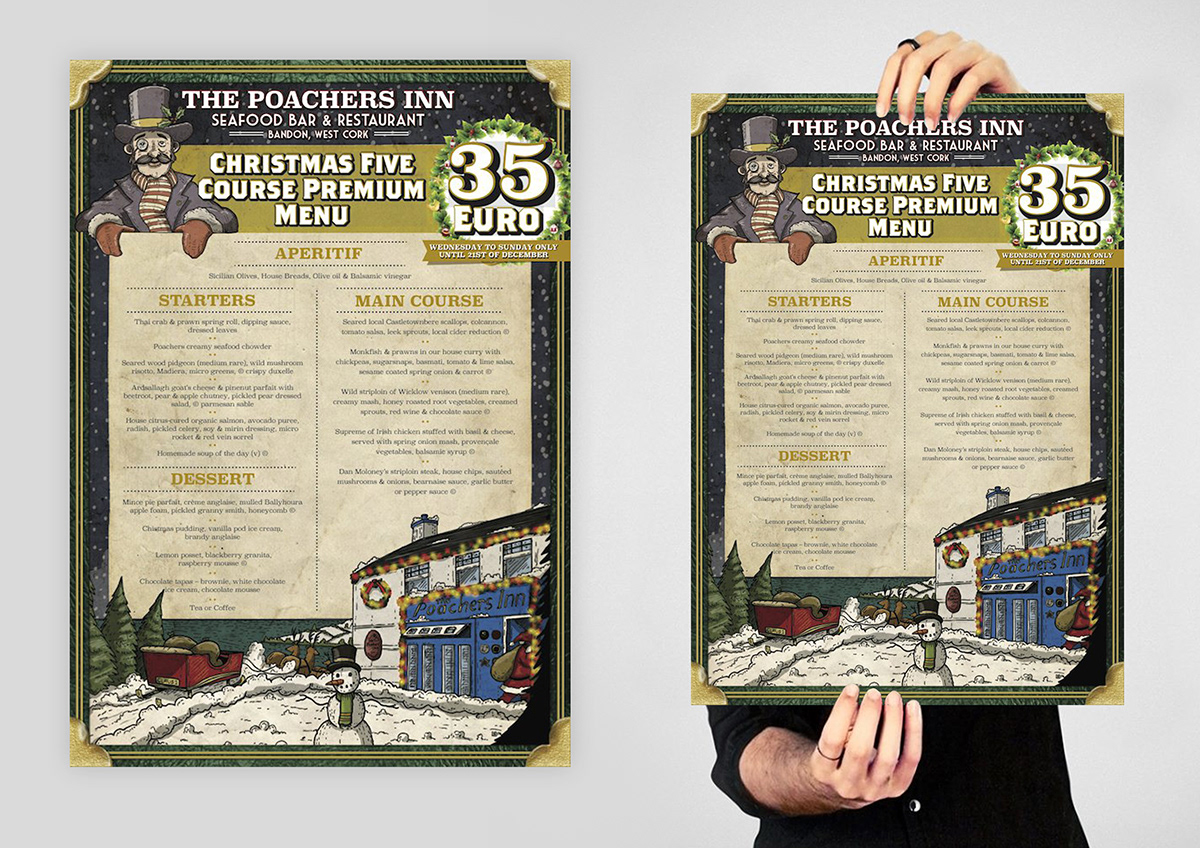 poster flyer menu poachers   cork restaurant Character Food  foodie Christmas festive seasonal winter