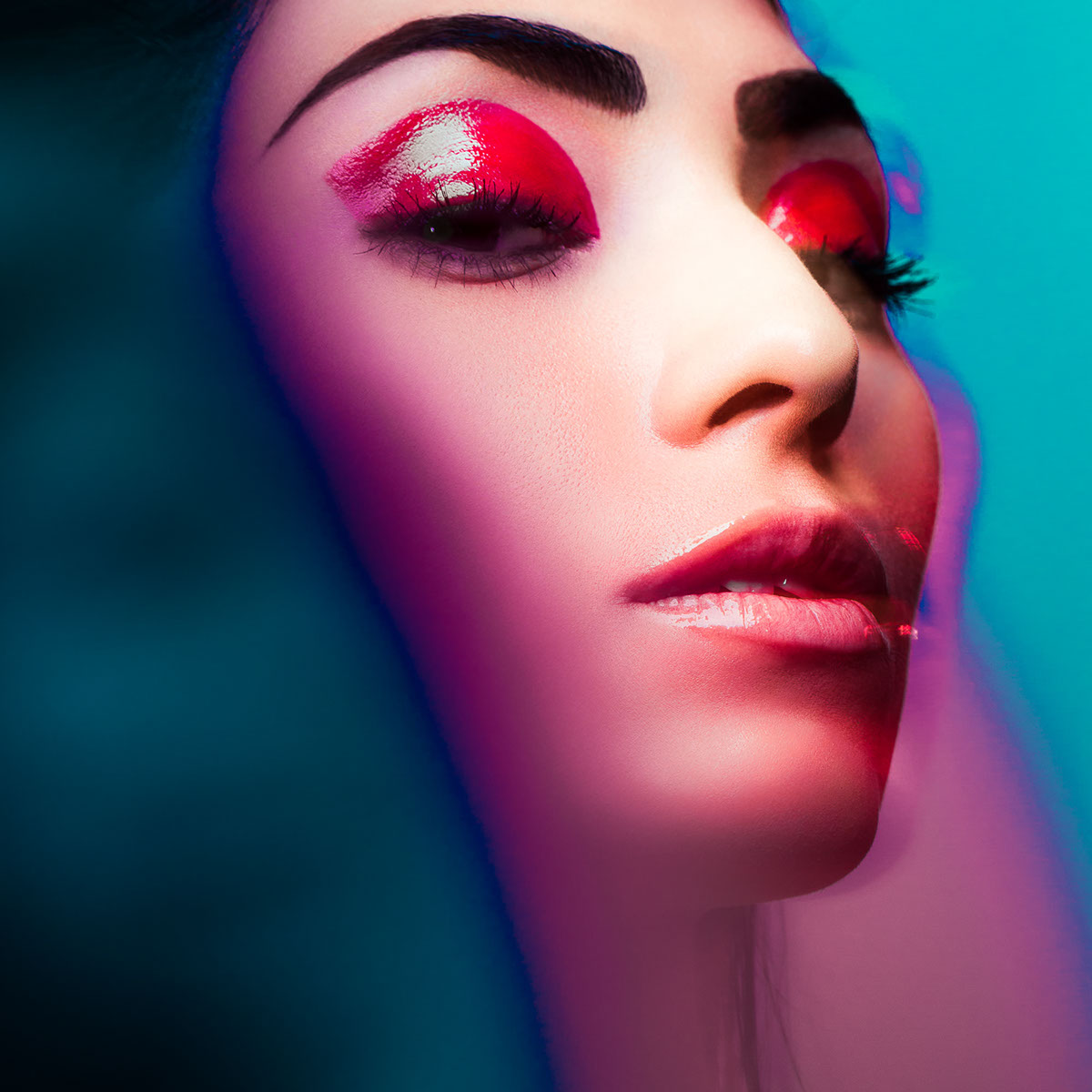 beauty blue pink red square brunette light leak lighting studio editorial blur motion gradient model pose