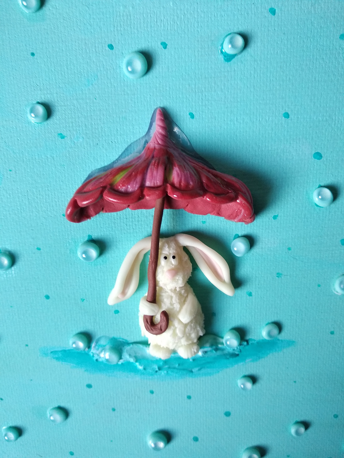 acrylic painting blue bunny fimo Plasticine polymer clay rabbit rain Umbrella White