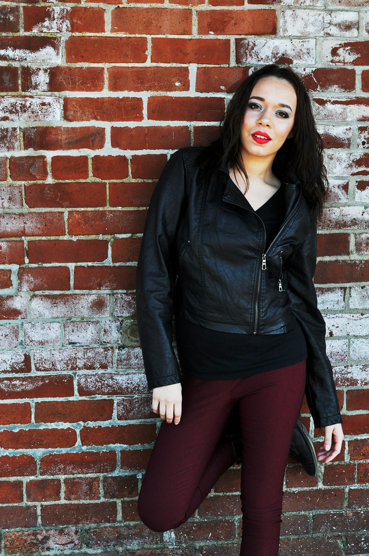 portrait girl red black downtown shoot teen teenager people