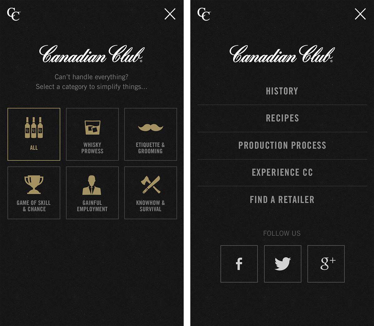 Whisky drink social feed html5 Canadian Club HYFN gold book tumblr design Website Responsive