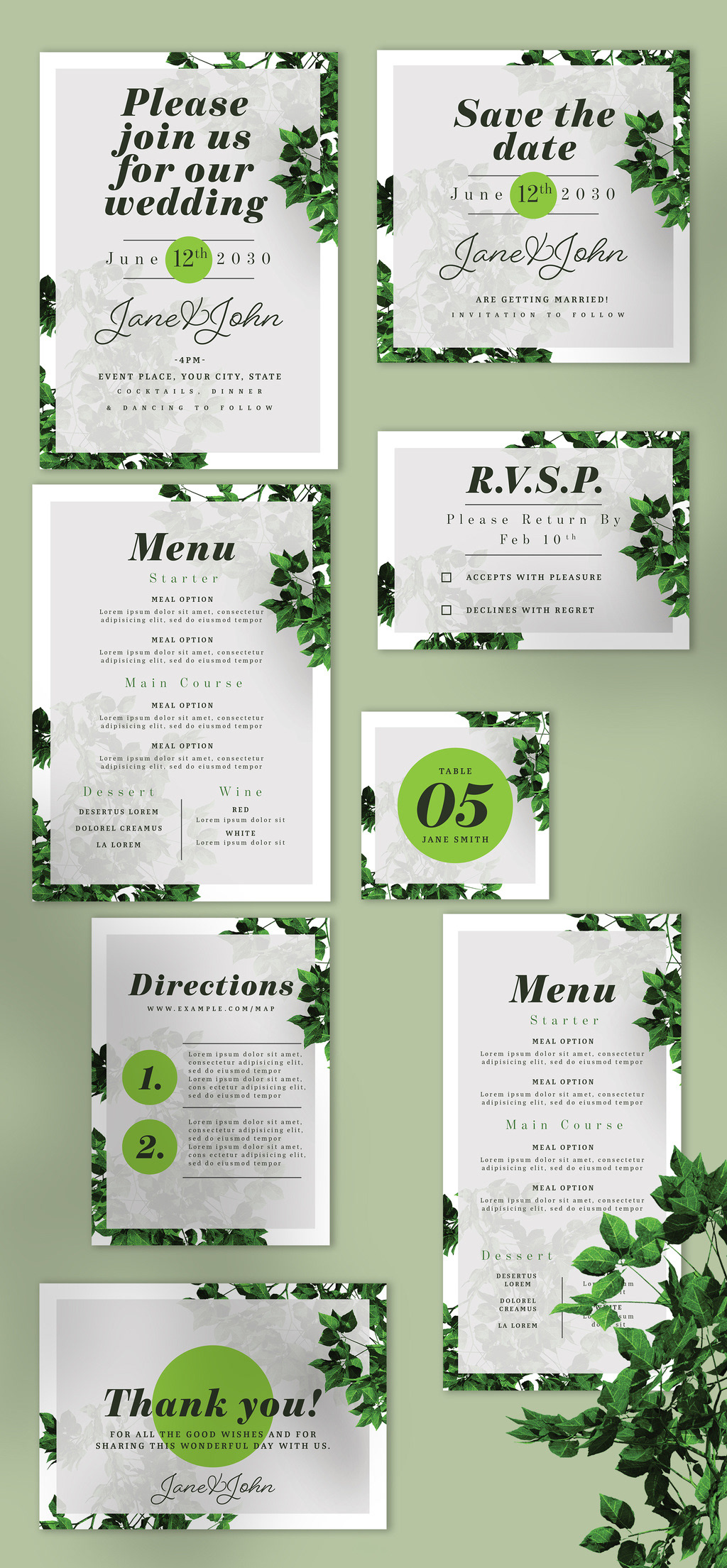 floral wedding Stationery green print Plant eco set invite