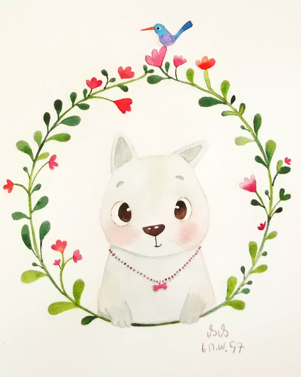 water color paint dog flower cute sweet