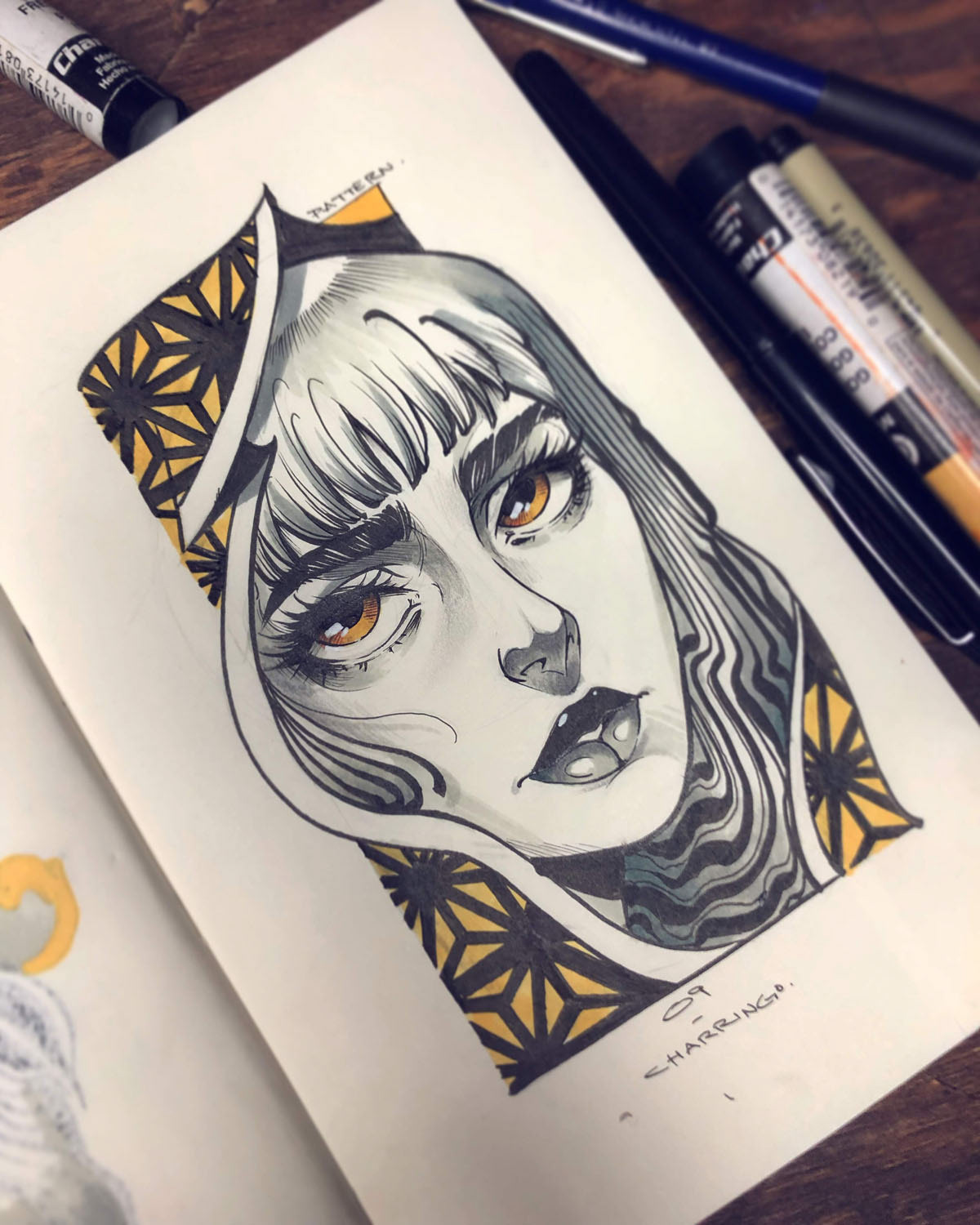 inktober ink moleskine black yellow face conceptual charringo