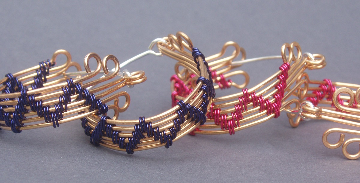 Hoop Earrings Woven Wire wire wrapped bronze navy blue Chevron geometric zig zag