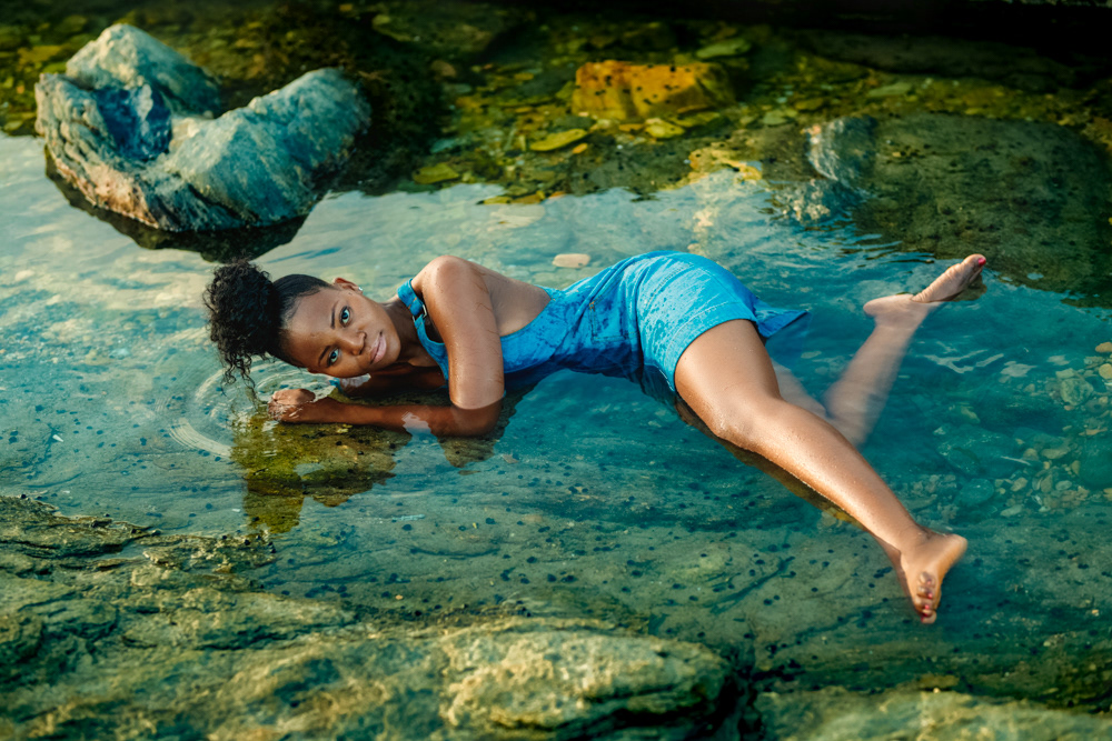 water model Fashion  serendipity sensual Denim overalls sundown beach wading