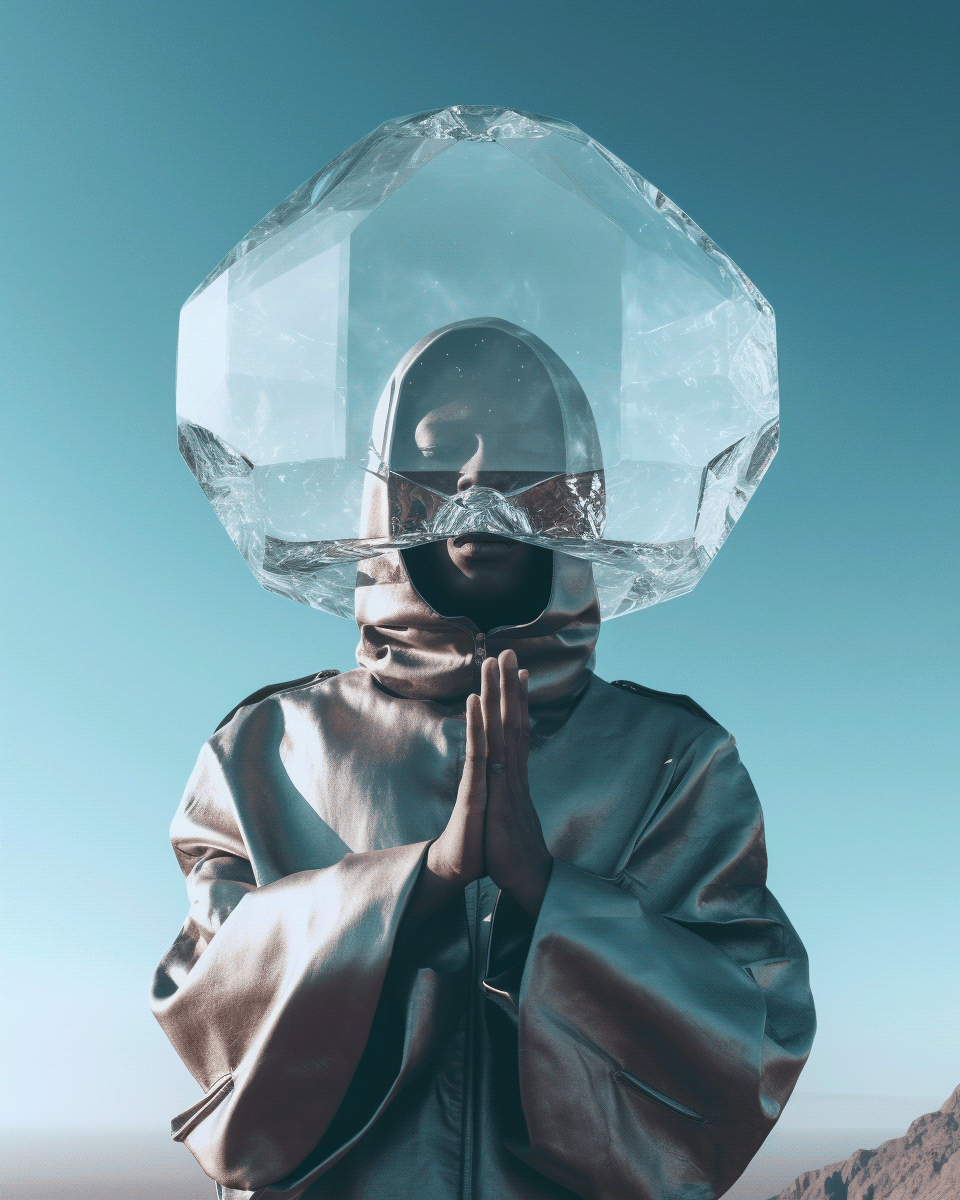 portrait futuristic Scifi sci-fi science fiction desert crystal glass photoshoot beauty