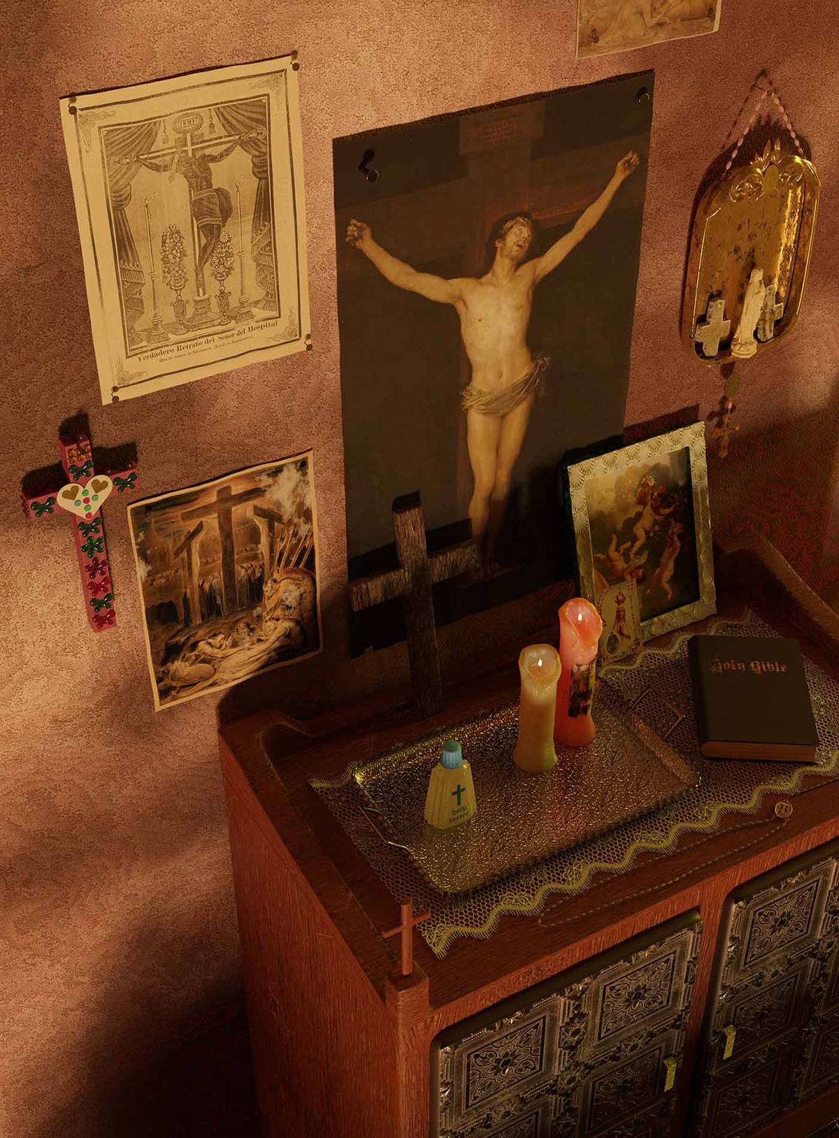 Shrine blender blender cycles 3d modeling crucifix cupboard Interior candles ornaments Render