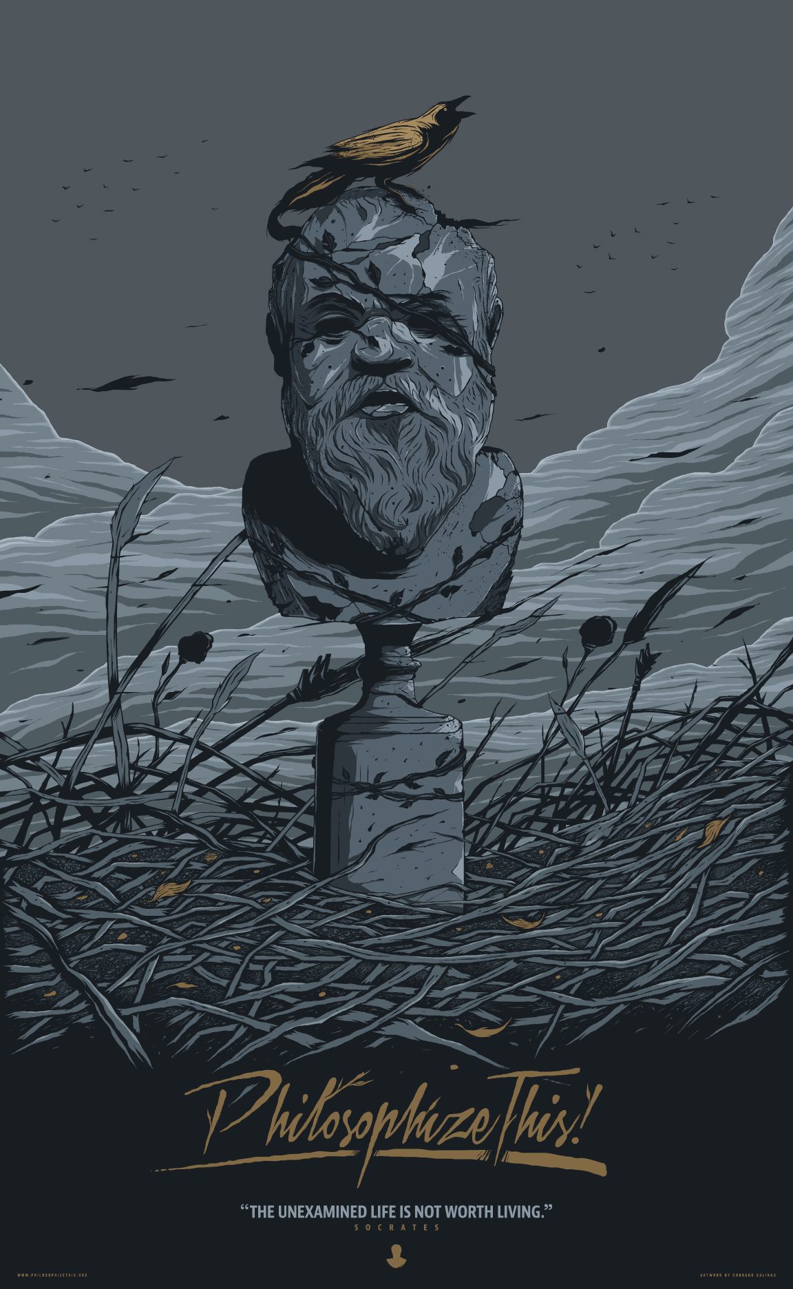 philosophy  Socrates statue bust vector foliage leafs poster print clouds bird details branches quote portrait