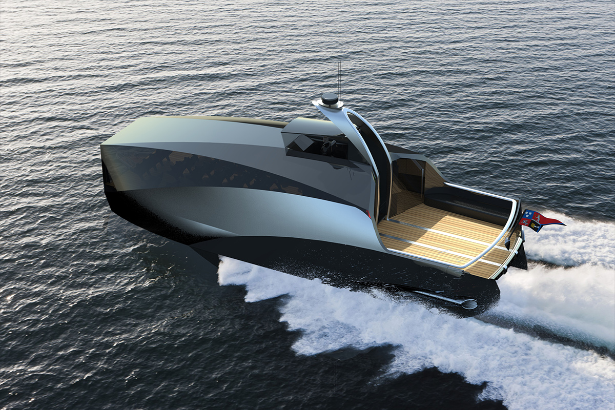 Adobe Portfolio avenas Rei boat catamaran concept Stealthy dark black mirror japanese italian Lithuanian fast river