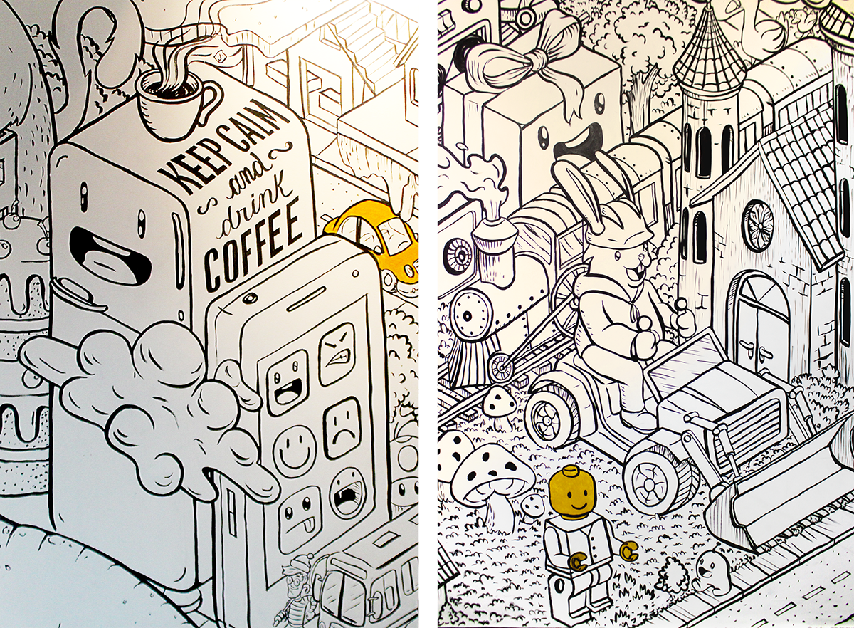 typograph tipografia lettering Ilustração doodleart doodle wall painting Parede black and white city personagens handmade decoration Decoração