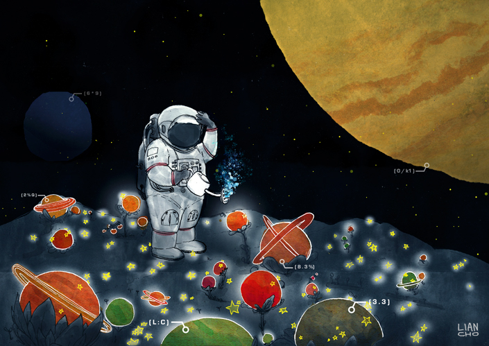 Planets Space  astronaut stars art mixed media digital ink gouache watercolor
