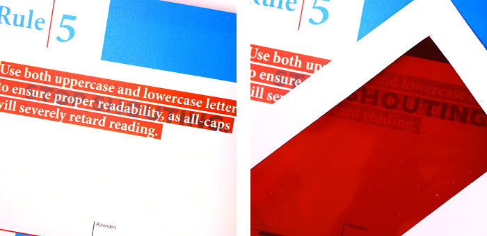 red and blue type acetate rules book