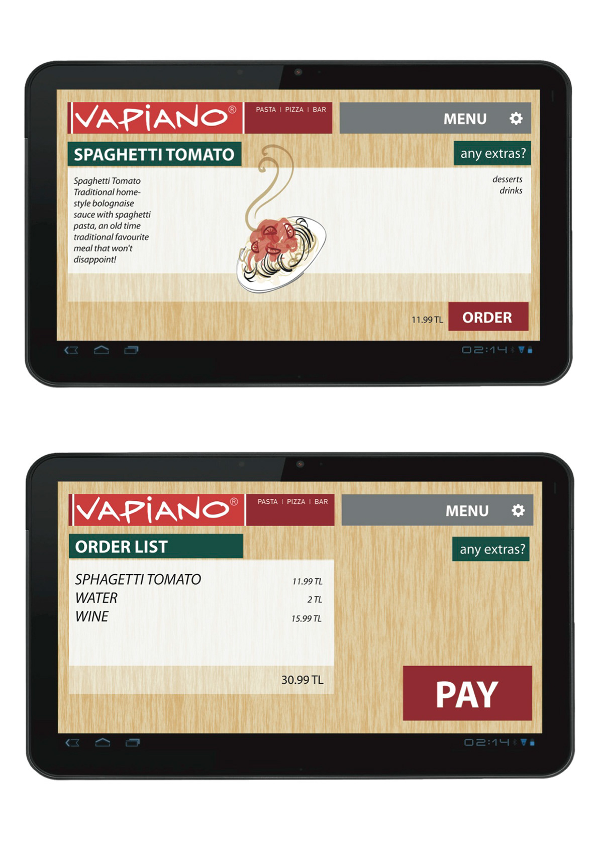 Interface  interaction  Menu  tablet  tablet menu  vapiano  order  Pizza Pasta  graphic design  Illustration  typographic Food 