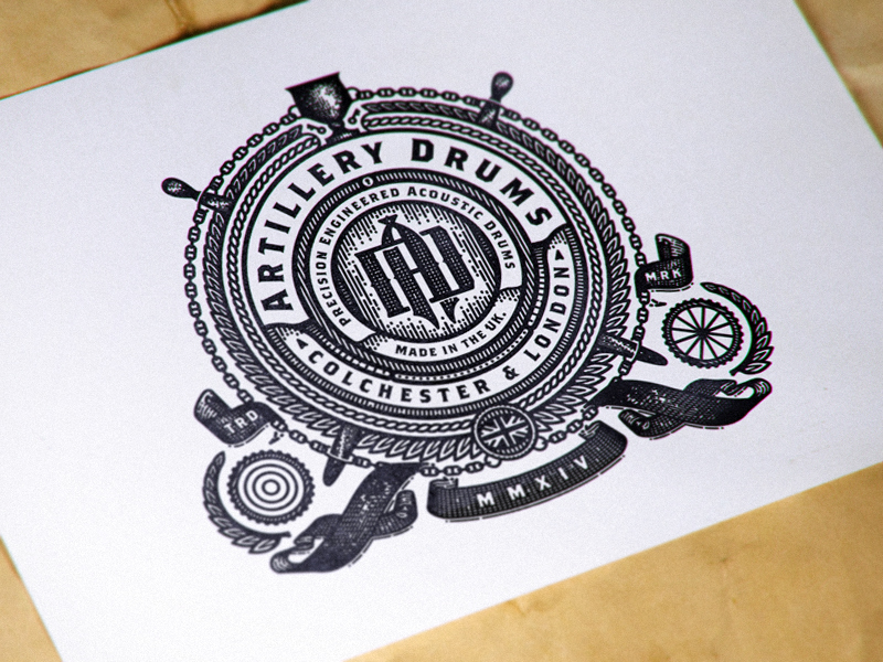 Artillery drums lettering SANBORN foil letterpress monogram badge emblem chalice heavy metal craft handmade