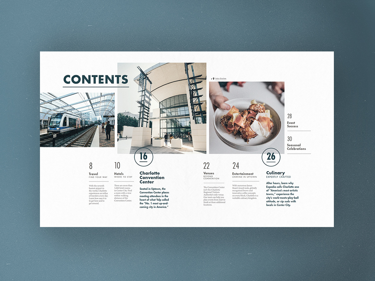 Layout ILLUSTRATION  editorial design  Guide Charlotte meetings print design  grid Booklet clean