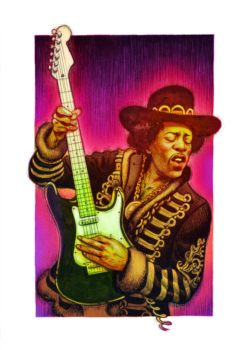 Jimi Hendrix (ink+pen+digital colors)