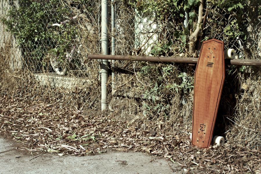 Thrash Venice  skateboard  engraving MeandGonzo wood coffin California