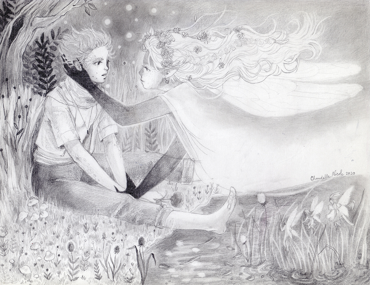 black and white Charcoal Drawing concept art fae fairytales fantasy