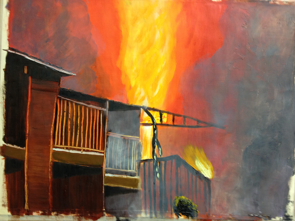 fire Oil Painting Sun burning building electrical pole smoke abstract