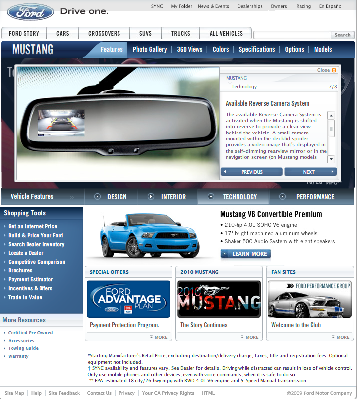 Ford Mustang automobile web site 2010 content web copy content strategy