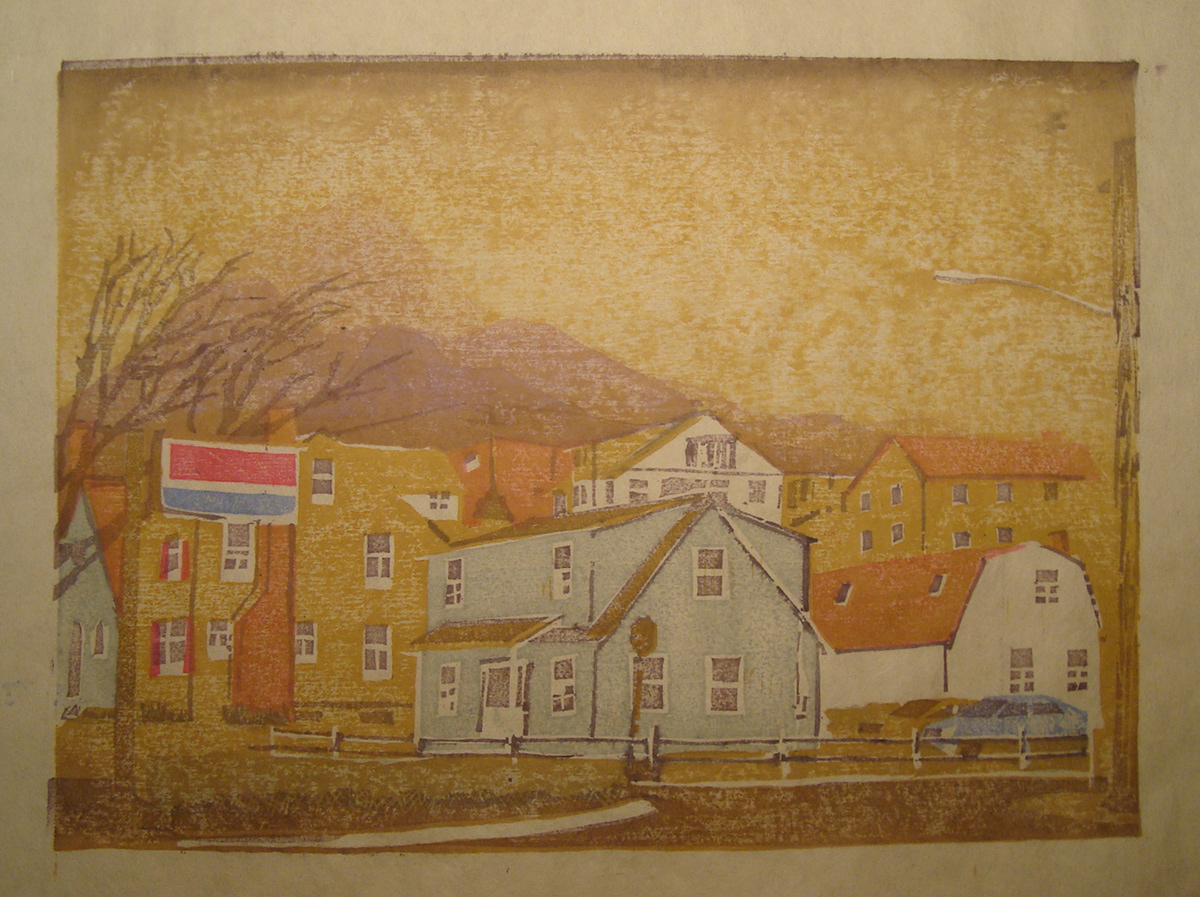 printmaking etching lithography silk screen wood block Suburban suburbia architectural Landscape exterior liminal Space 