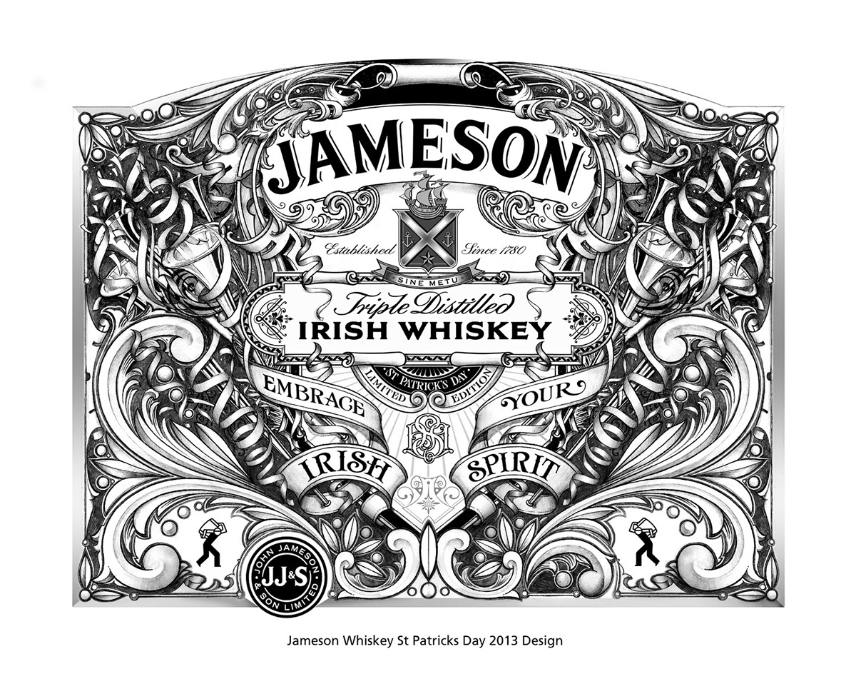 David Smith Jameson Whiskey lebal product designing Illustrator design ornate glass