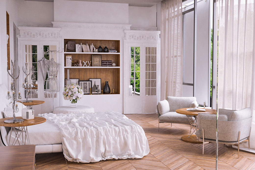 White bedroom 3dsmax vray interiordesign