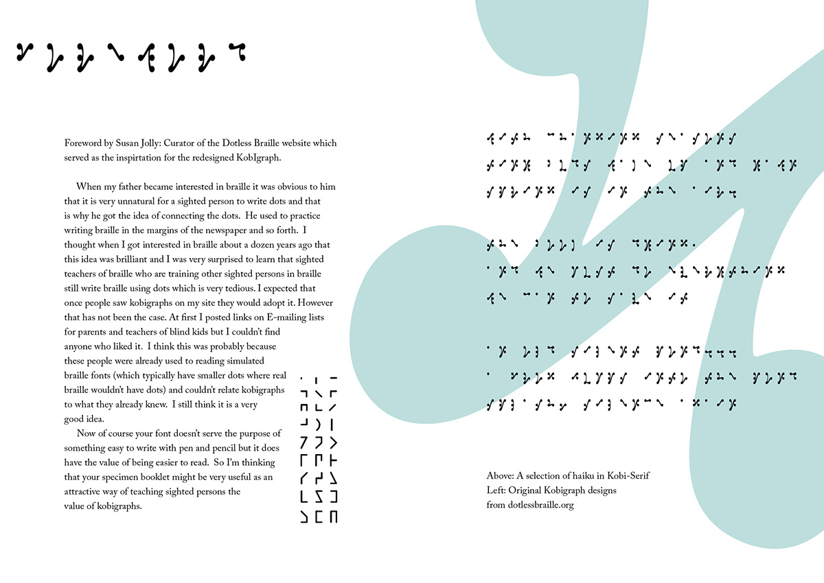 type specimen Braille Kobigraph letterforms letters design uni tactile dots creative alternative accessible graphics cambridge