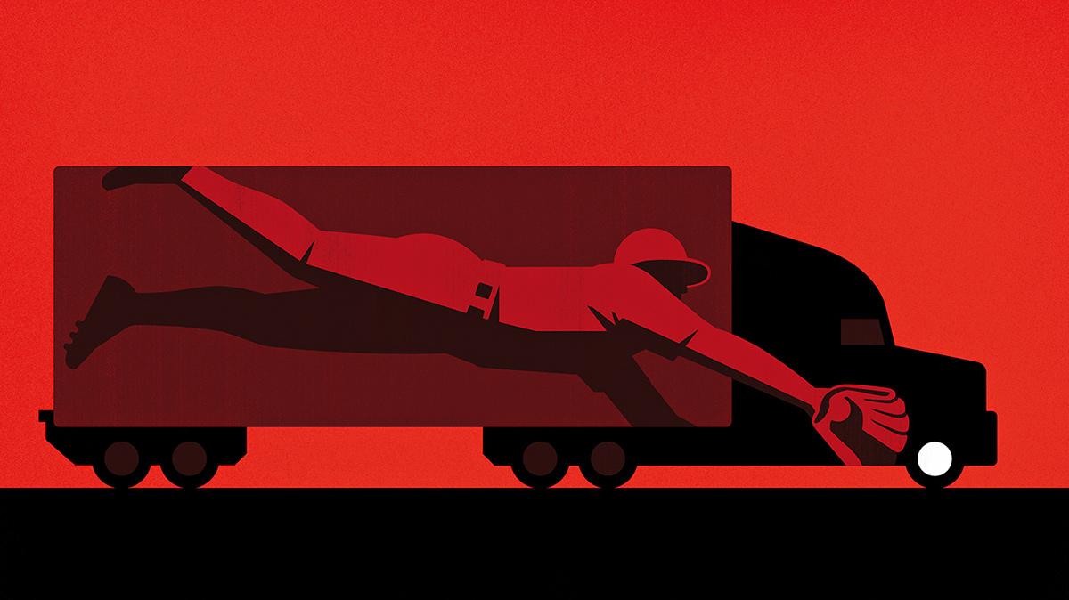 Vectorial illustration of a truck and a baseball player catching the ball