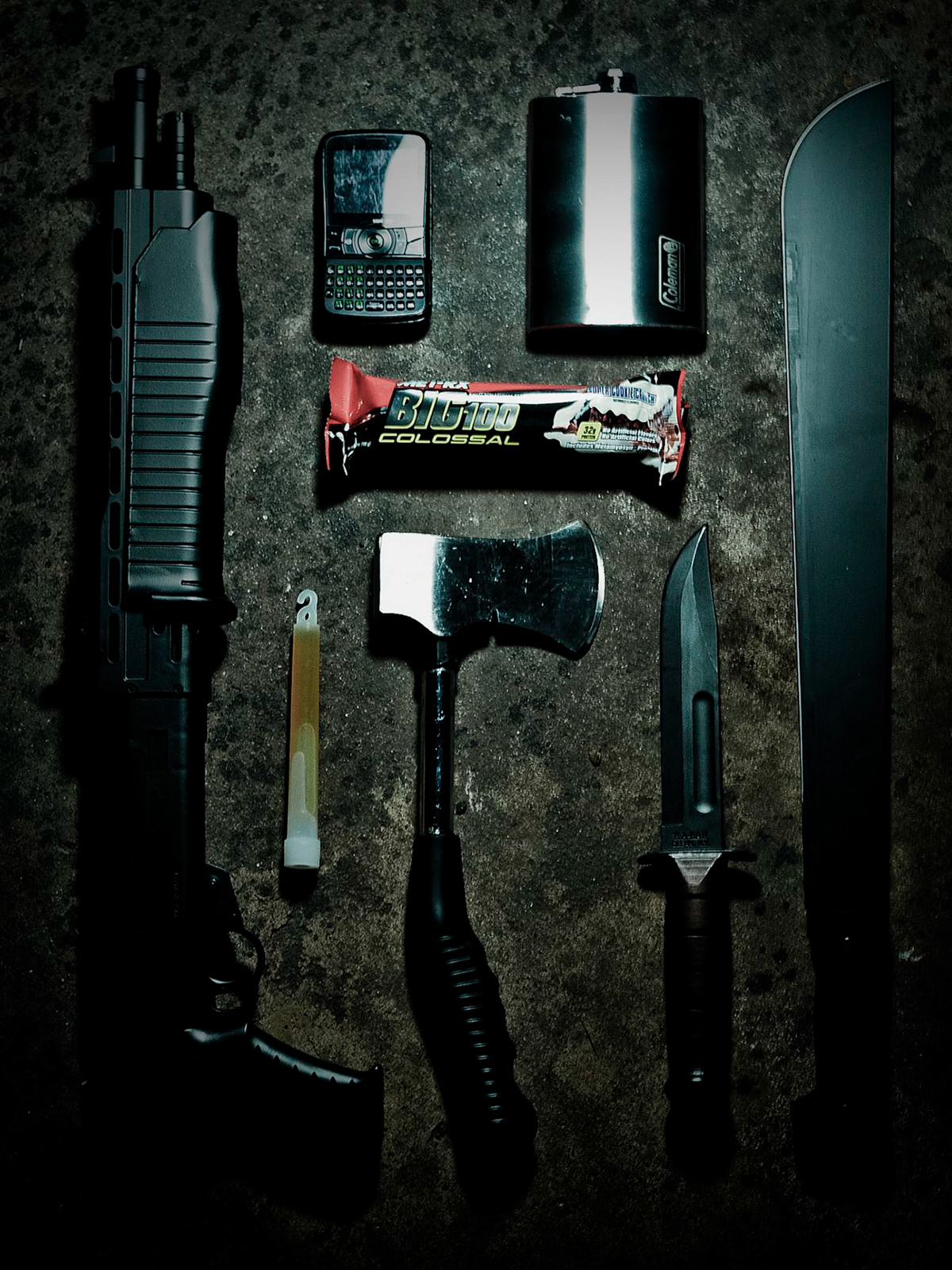 zombie apocalypse shotgun Gun energy bar knife machette
