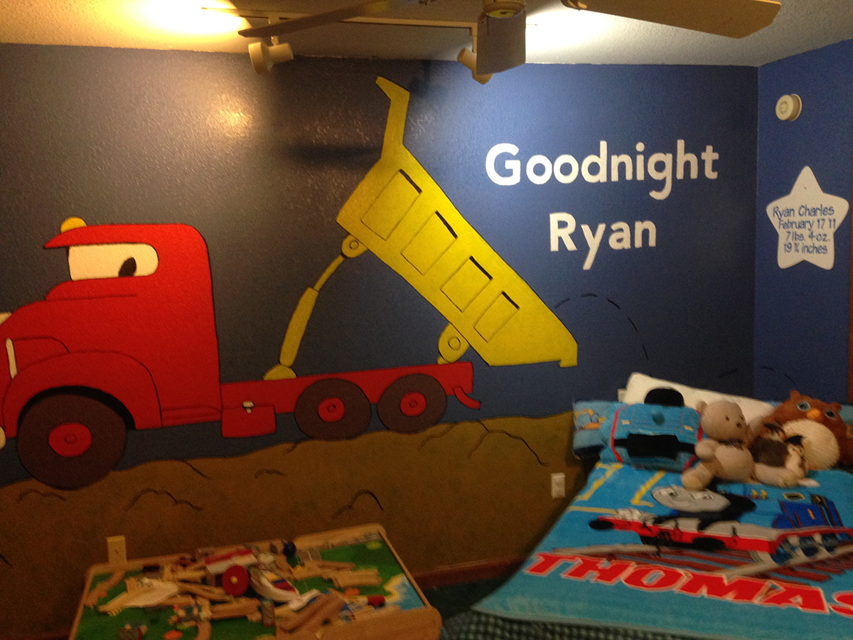 construction dump truck Excavator boys bedroom Murals children's illustration