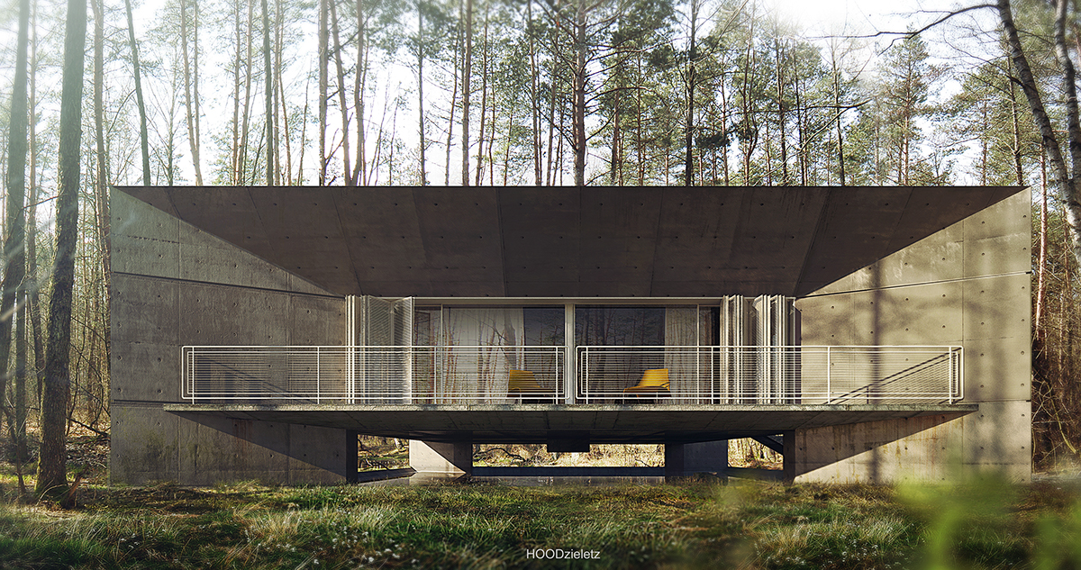 arch concrete house 3dsmax photoshop Render V-ray wood forest