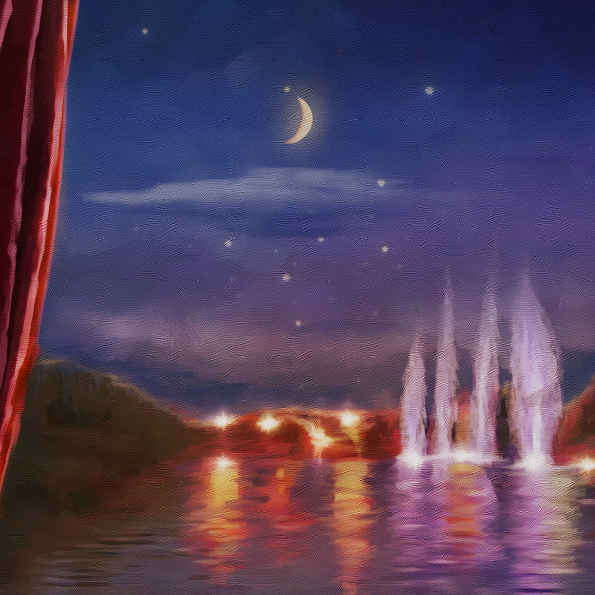 Digital Art  fairy lilies flaming lilies magic moon Night landscape night lights reflections in the water sinking boats surreal theatrical scenery