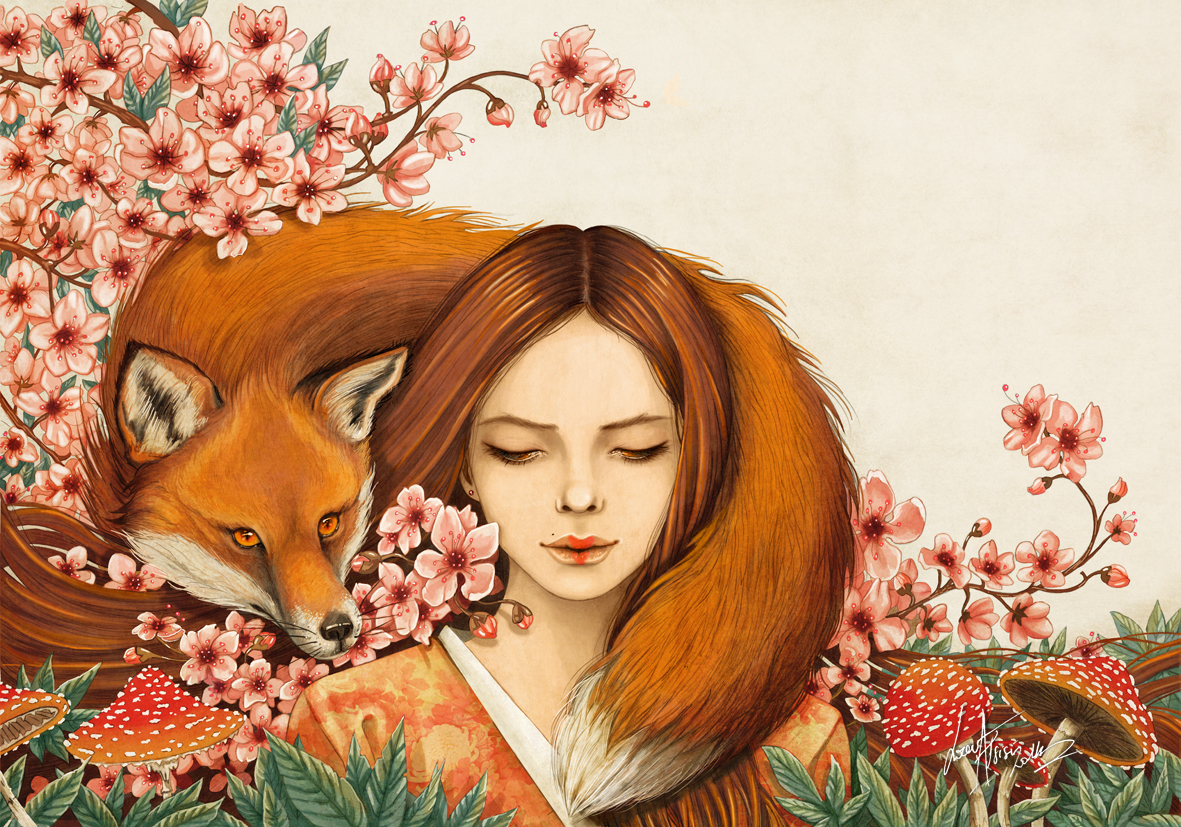 design dibujo art FOX foxes girl sakura Flowers Nature geisha Totem animals zorro tattoo red