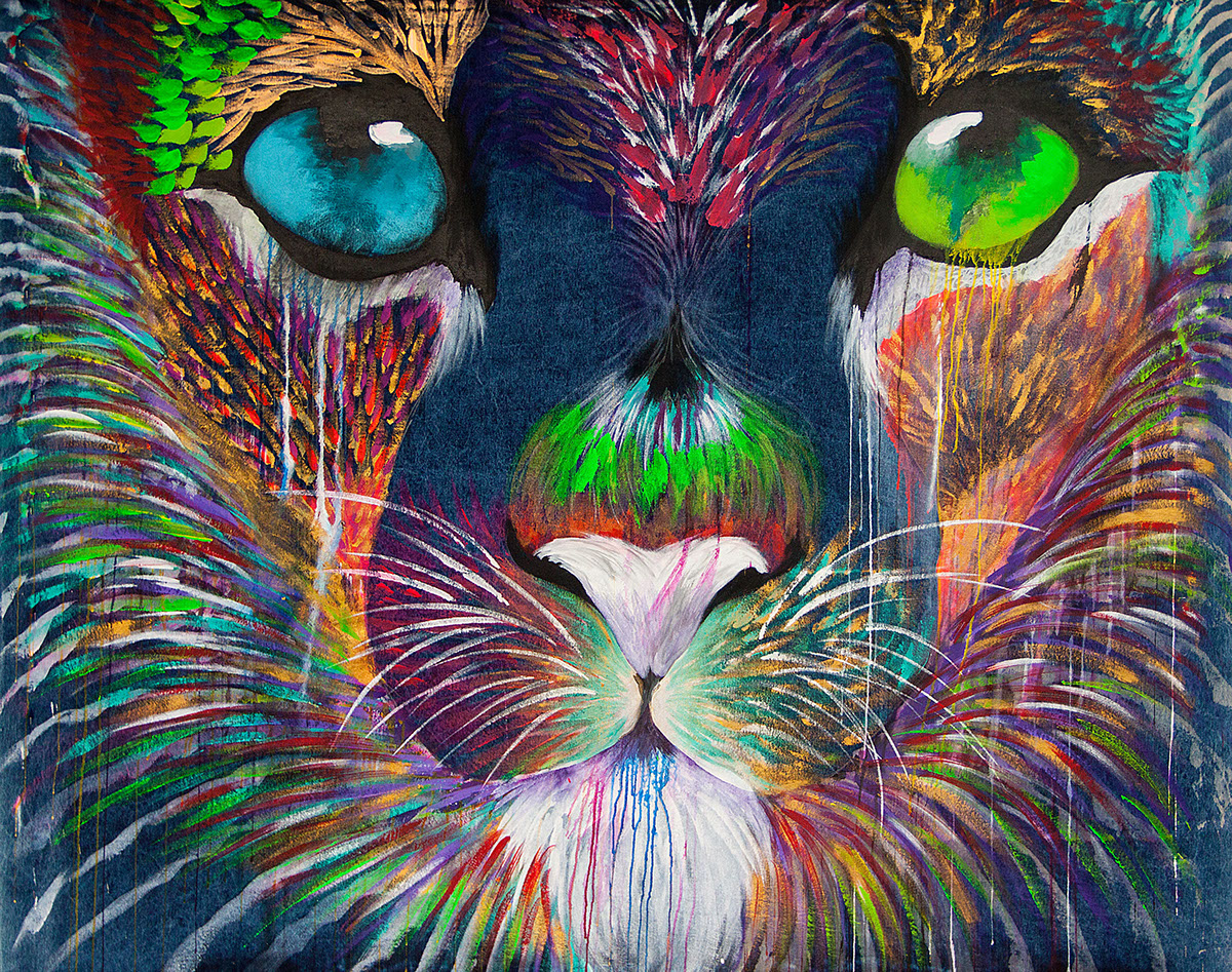 art Mix media color feline animal lion industrial Denim