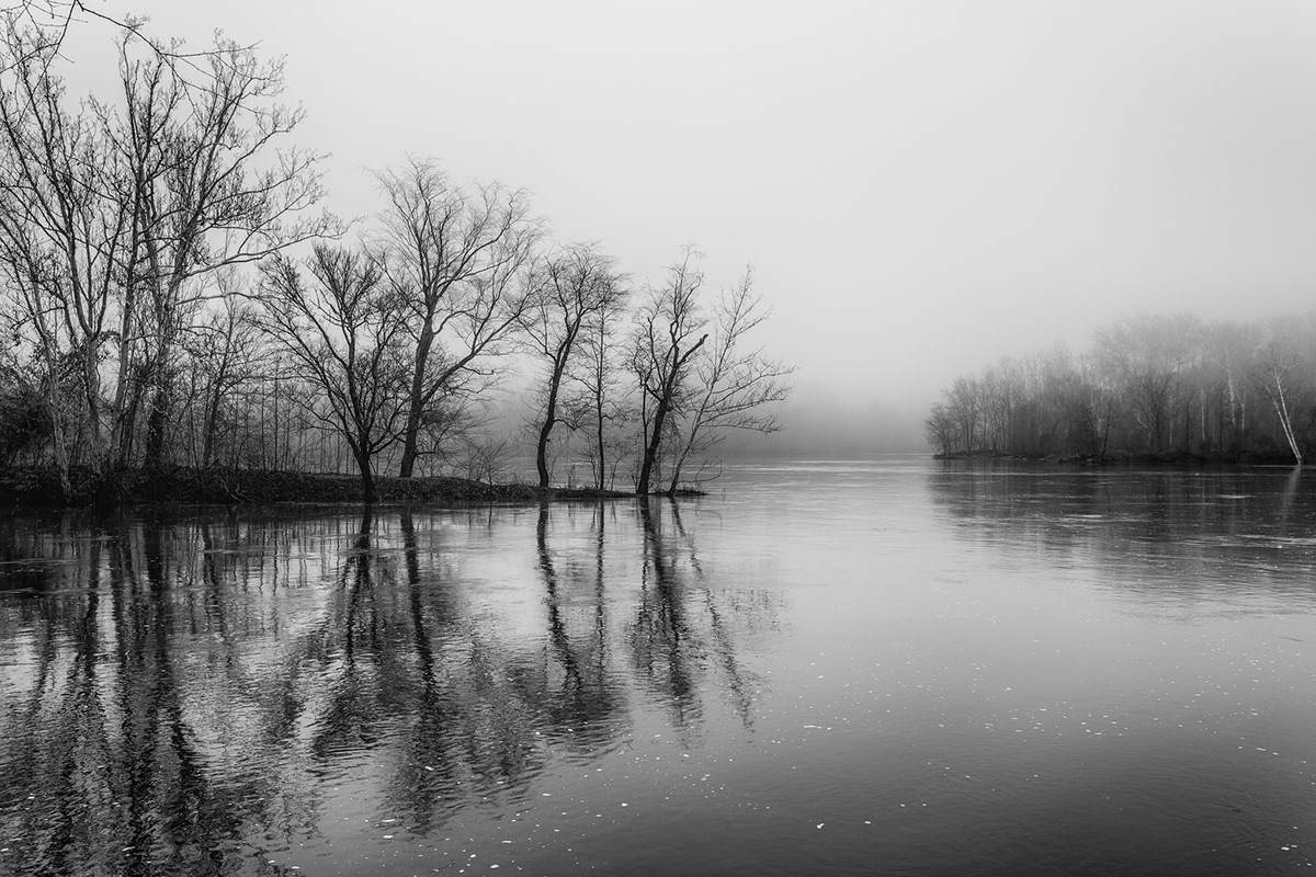 black and white foggy monochrome Moody reflections river trees Landscape solitude water