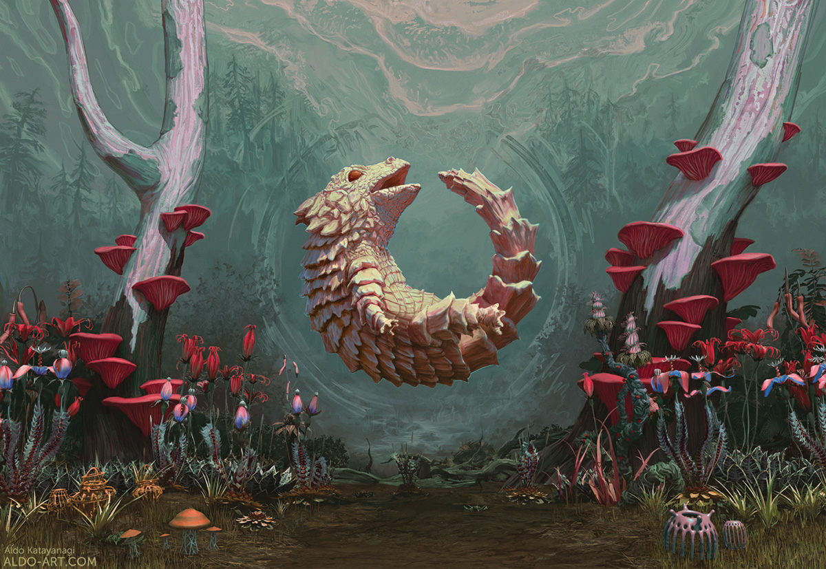 poster art mixed media psychedelic art surreal animal lizard mushroom environment