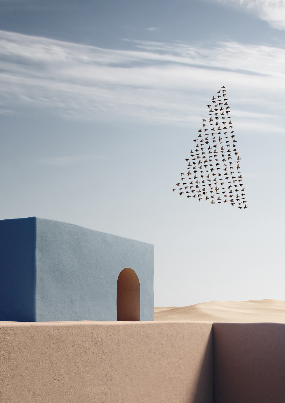 migration flock Digital Art  Massimo Colonna 3D Render minimal pastel colours architeture birds