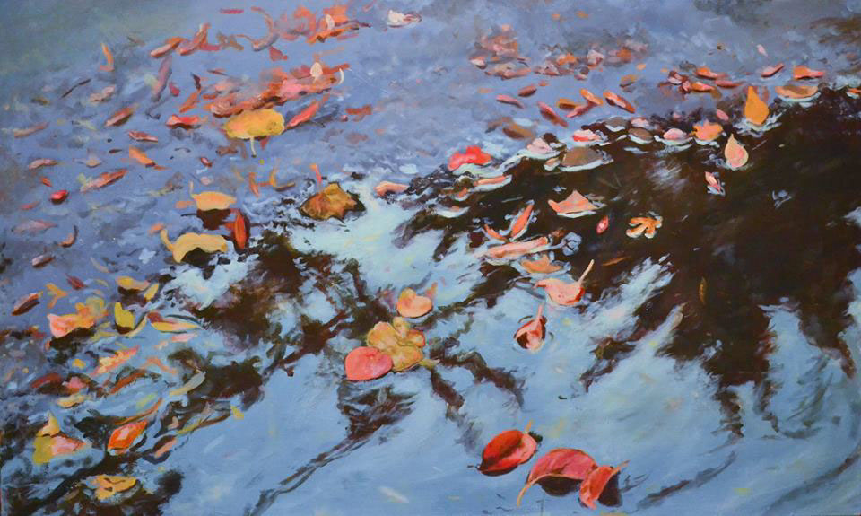 puddles reflections Realism jessicabrackett brackett acrylic canvas leaves Fall water