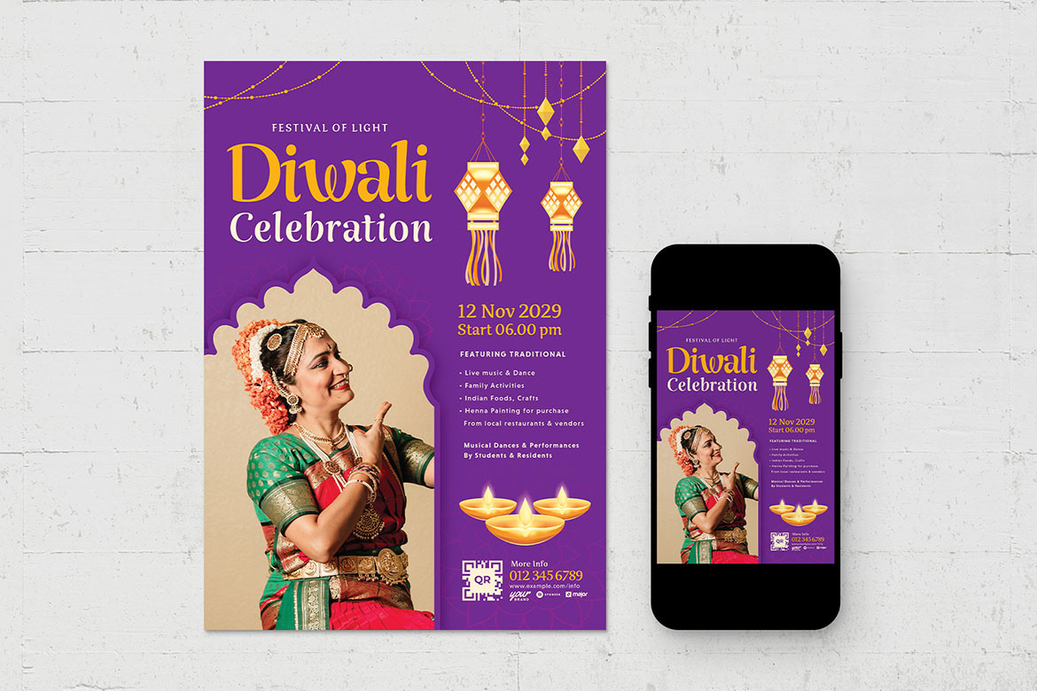 Diwali divali India indian festival flyer poster template Layout Diya